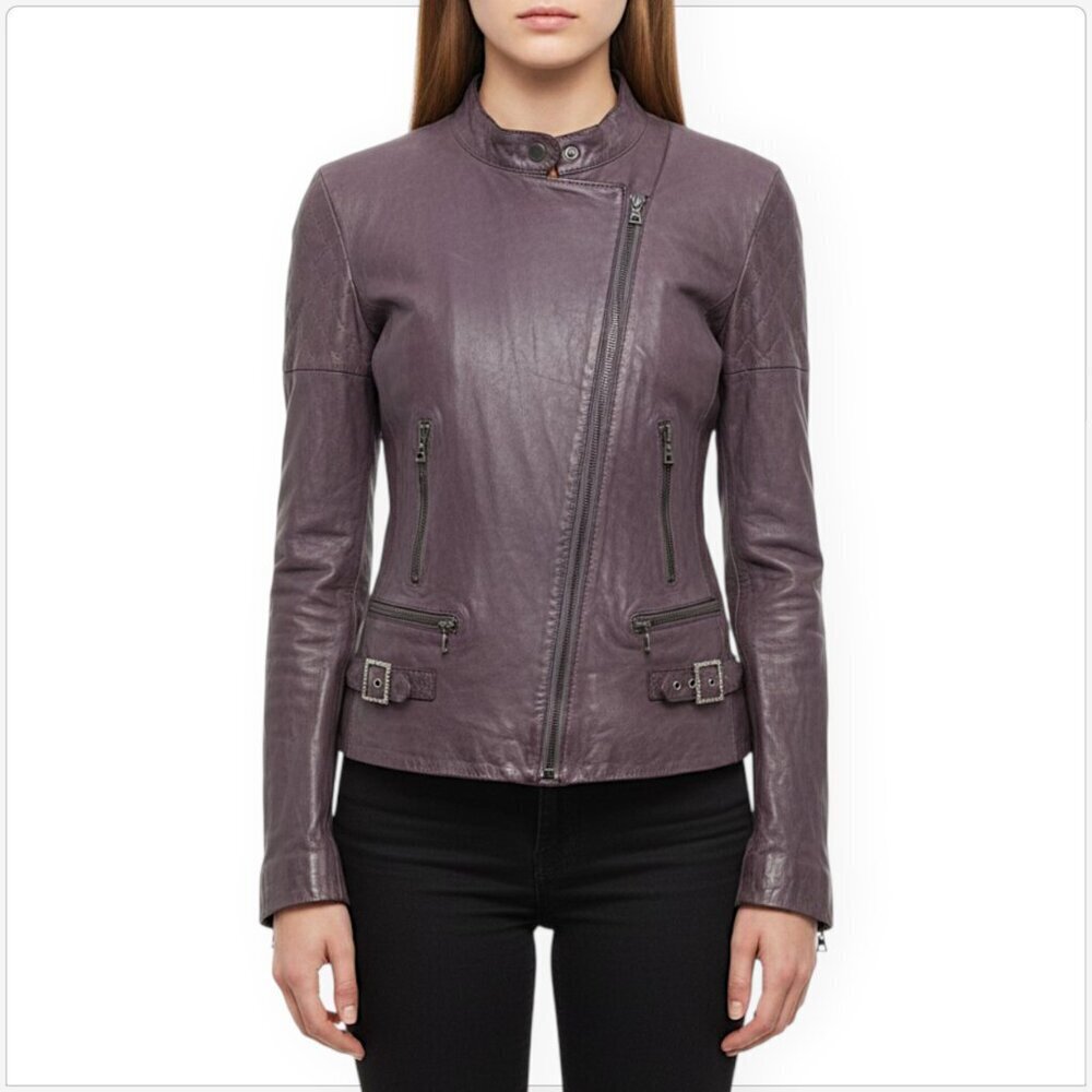 Resurrected 100% Leather Mauve Purple Gray Moto Jacket Rhinestone Trim Size L